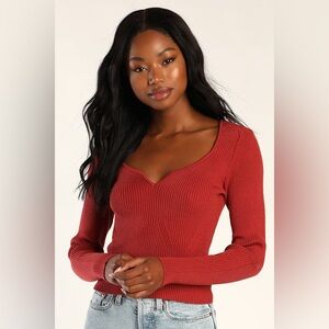 Lulu's Rust Red Ribbed V-Neck Long Sleeve Top